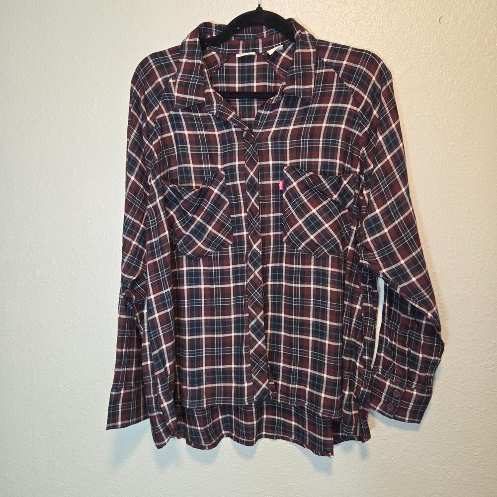 Levis Plaid Flannel Shirt Medium Womens Burgundy Navy Blue Button Up Western Top